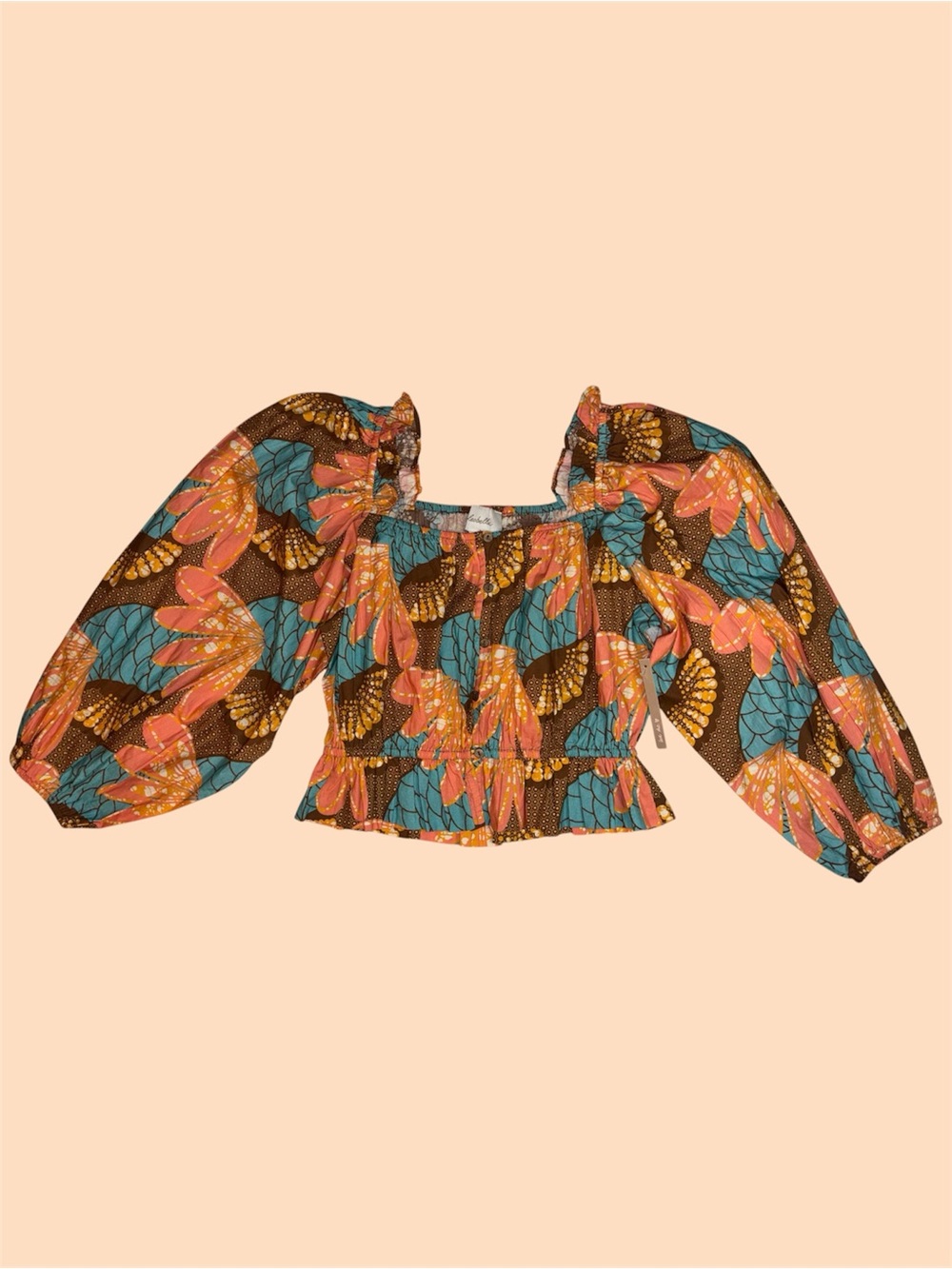 Cleobella Puff Sleeve Cropped Blouse with Teal & Orange Floral Design